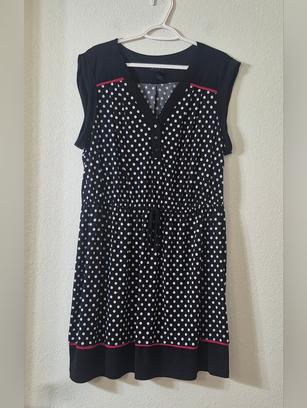 Enfocus Studio Black and White Polka Dot Midi Dress with Red Trim